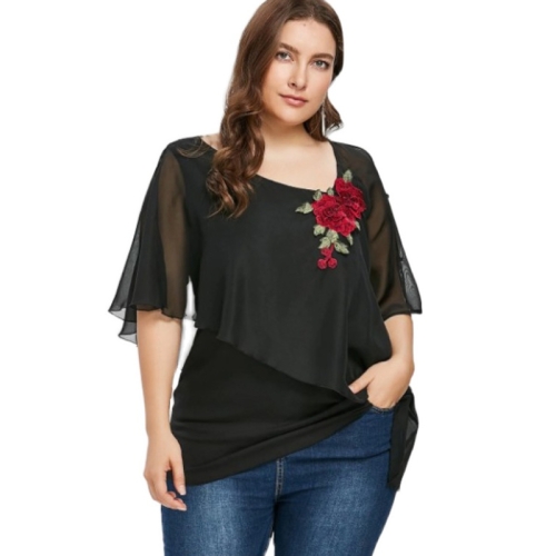 

Women Plus Size V-neck Embroidered Irregular Chiffon Tops (Color:Black Size:XXXXL)