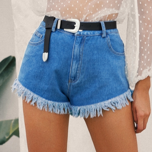 

Women Retro Fashion Fringed High Waist Denim Shorts (Color:Blue Size:S)