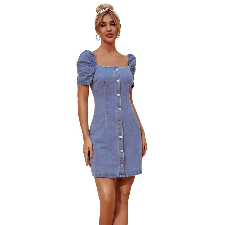

Women Palace Style Square Collar Button Short Sleeves Denim Dress (Color:Blue Size:XS)