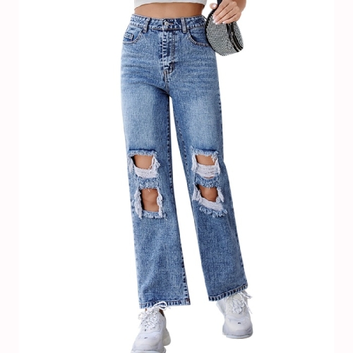 

Women Fashion Casual Ripped High Waist Jeans (Color:Blue Size:M)