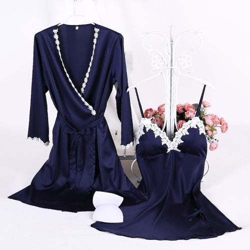 

2 in 1 Ladies Cotton Trim Silk Sling Pajamas + Nightgown Set with Chest Pad (Color:Dark Blue Size:M)