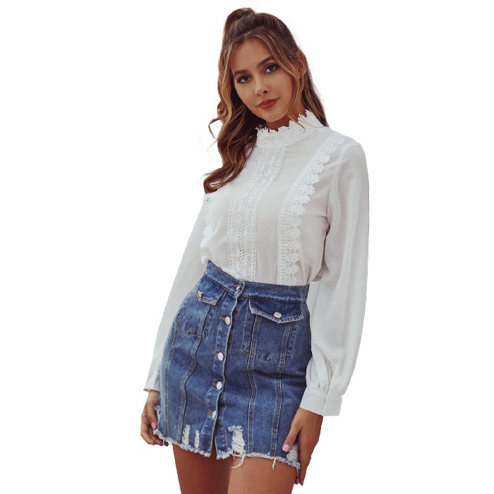 

Women Stitching Lace Long Sleeve Stand Collar Chiffon Shirt Top (Color:White Size:S)