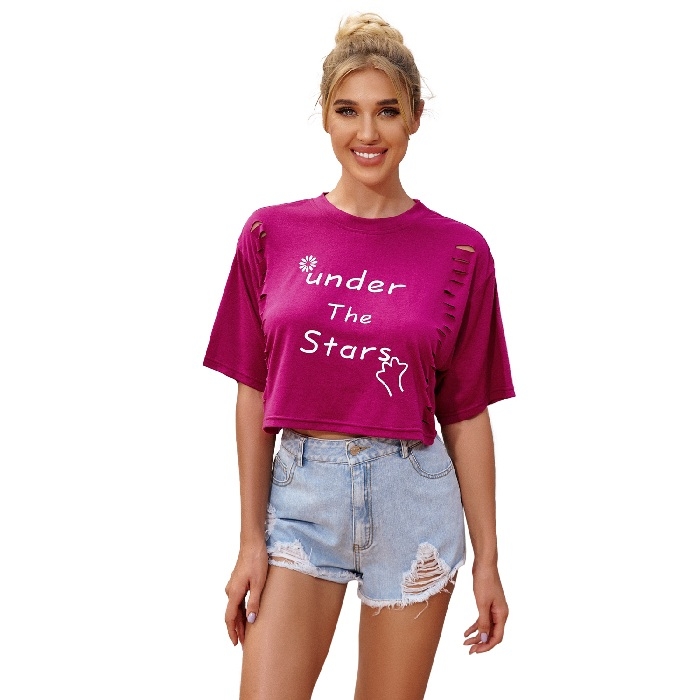 

Women Casual English Printed Hollow Short Tops T-shirt (Color:Rose Red Size:S)