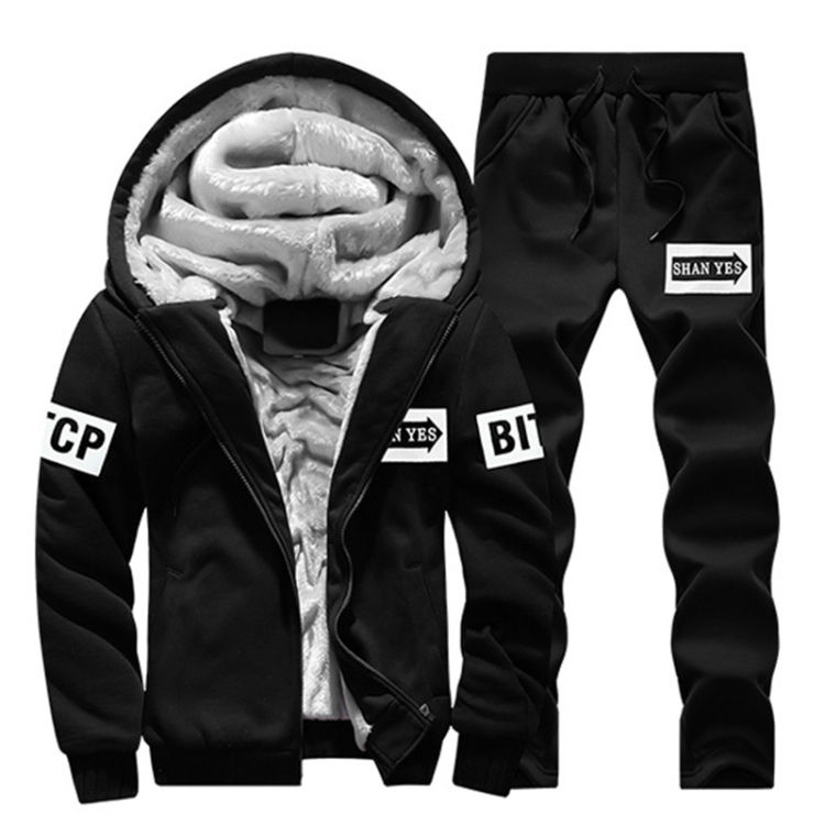 

2 in 1 Winter Letter Pattern Plus Velvet Thick Hooded Jacket + Trousers Casual Sports Set for Men (Color:Black Size:M)