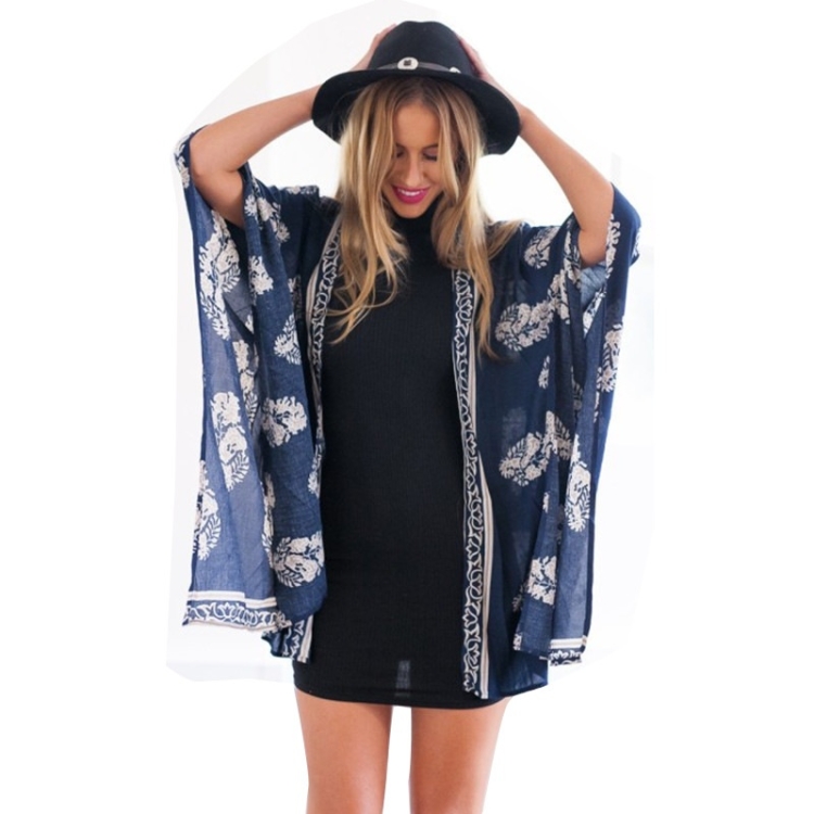

Women Travel Holiday Jacket Printed Cloak (Color:Blue Size:M)