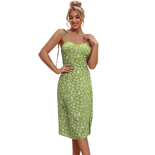 

Women Retro Slim Printed Sling Irregular Dress (Color:Green Size:S)