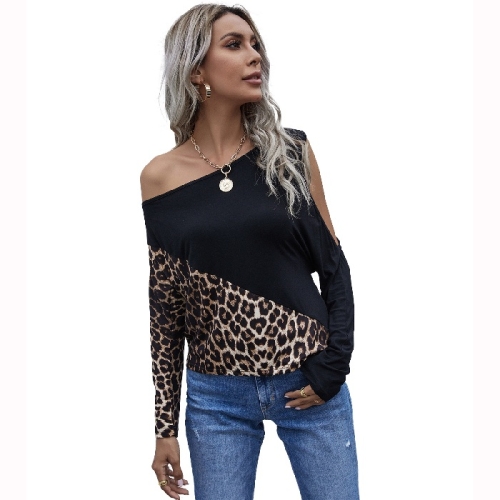 

Women Sexy Fashion Leopard Stitching Off-the-shoulder Long Sleeve Top (Color:As Show Size:S)