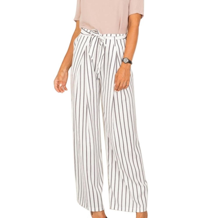 

Women Striped Belt Casual Wide-leg Pants (Color:White Size:S)