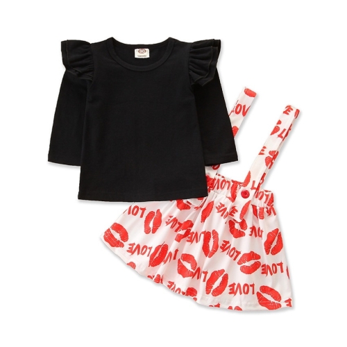 

Girls Blouse Suspenders Printed Short Skirt Two-piece Suit (Color:Black Size:90)