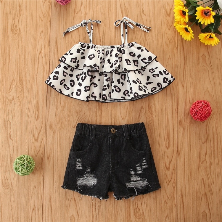 

Girls Leopard Print Sling Top Ripped Jeans Two Piece Set (Color:Beige Size:80)