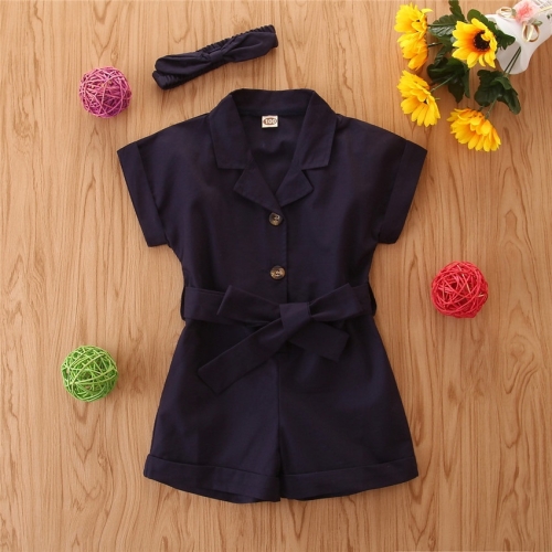 

Girls Short-sleeved Single-breasted Jumpsuit (Color:Royal Blue Size:100)