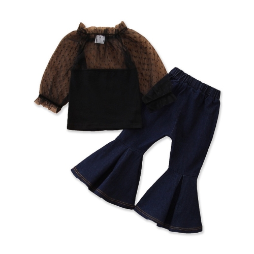 

Girls Hollow Long-sleeved Top Denim Pants Two-piece Suit (Color:Black Size:110)