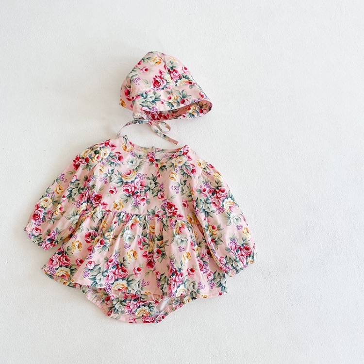 

Girls Little Broken Flower Long-sleeved One-piece Triangle Romper And Skirt Romper (Color:Pink Size:90)
