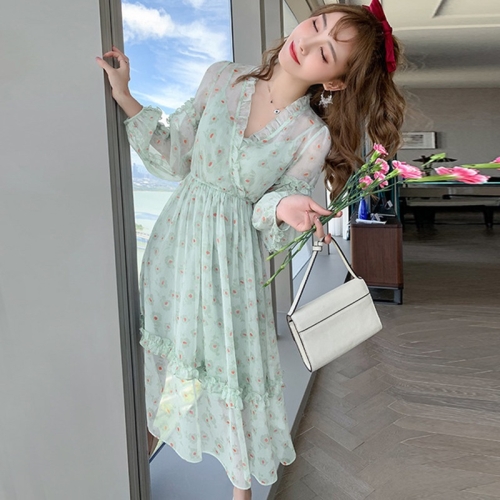 

Spring Autumn Women V-neck Floral Fairy Dress Stylish Slim Long A-line Skirt C026 (Color:Green Size:XL)