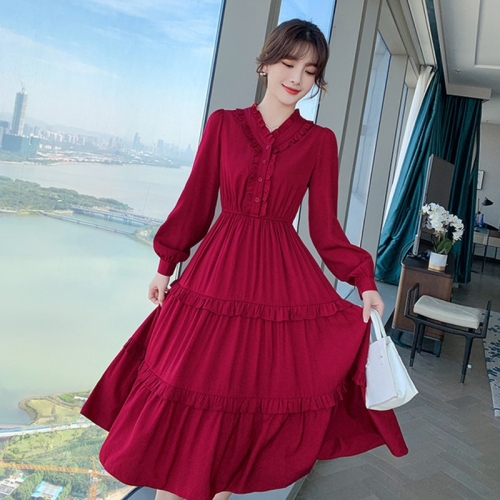 

Spring Women V-neck Big Hemline Slim Waist Dress A270 (Color:Red Size:L)