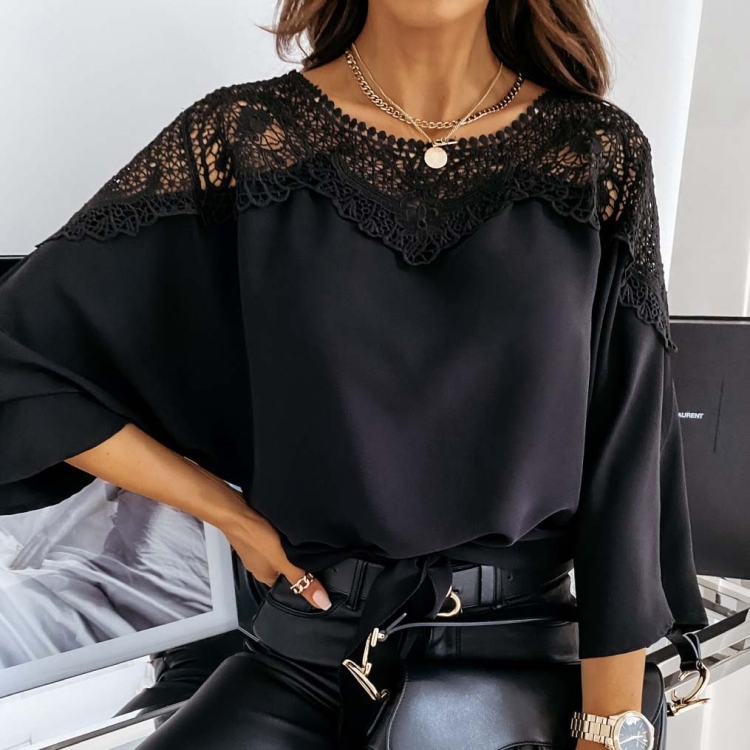 

Autumn And Winter Long-sleeved Lace Lace Shirt (Color:Black Size:S)