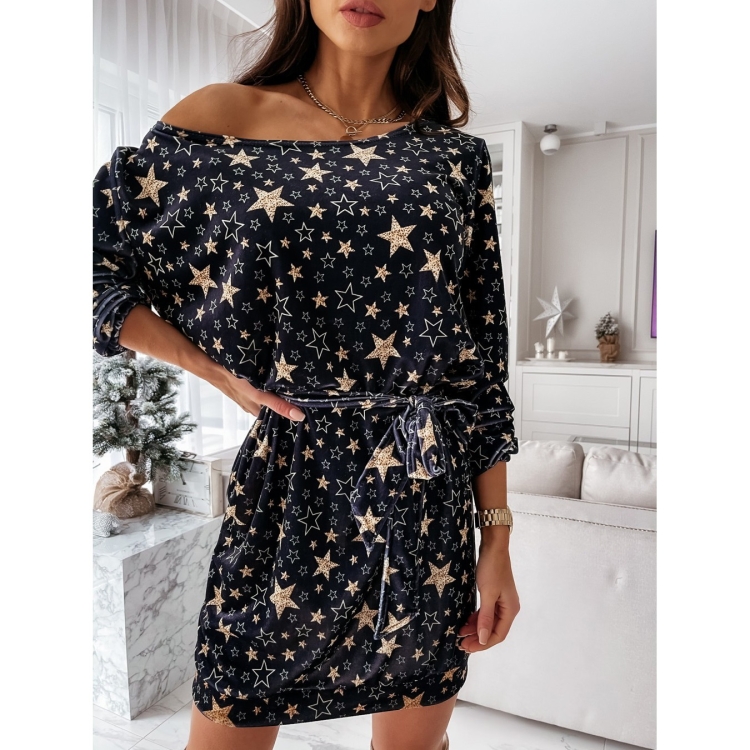 

Corduroy Slanted Oblique Shoulder Christmas Dress (Color:Black Size:S)