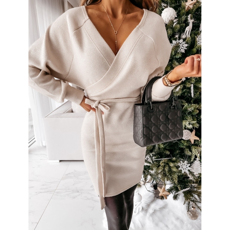 

V-neck Waistless Knit Dress (Color:Beige Size:S)