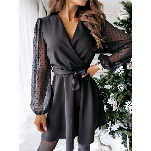 

V-neck lace long sleeve high waist dress (Color:Black Size:S)