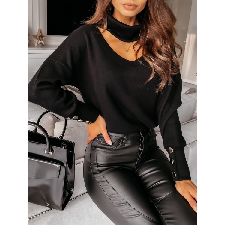 

Spring V-neck Sweater Solid Color Hollow T-shirt (Color:Black Size:S)