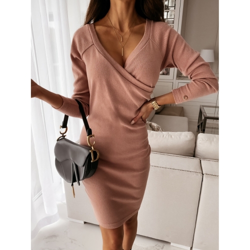 

V-neck Sexy Mocha Slim Slim Dress (Color:Pink Size:S)