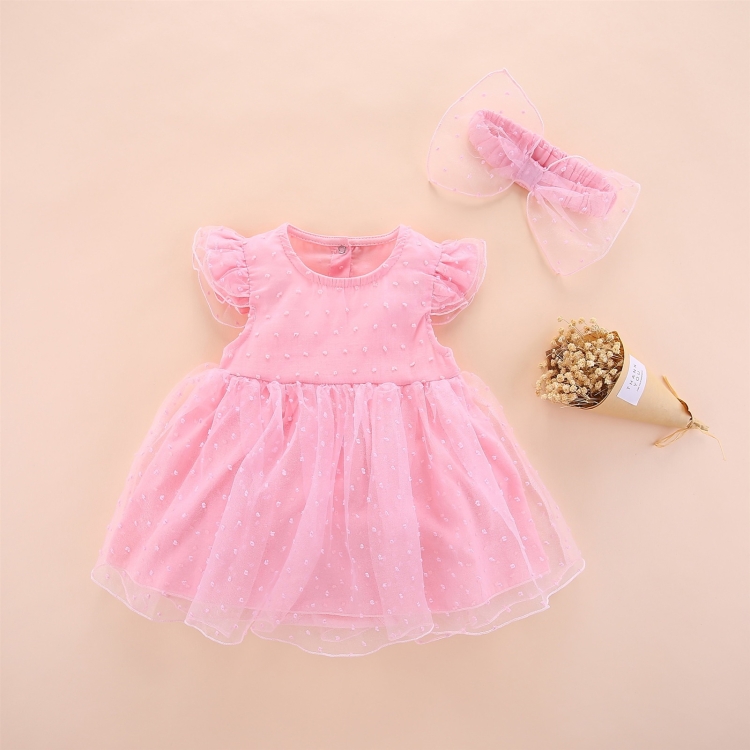 

Girls Short-sleeved Mesh Dress With Bow (Color:Pink Size:70)