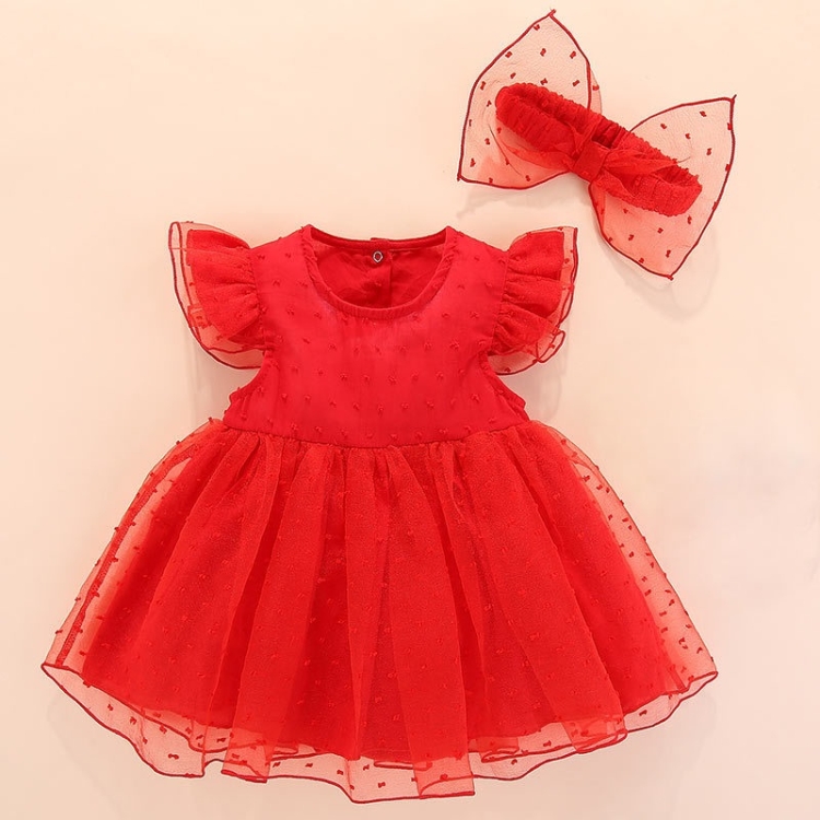 

Girls Short-sleeved Mesh Dress With Bow (Color:Red Size:70)
