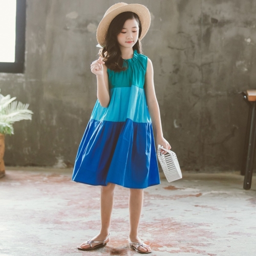 

Girls Skirt Contrast Stitching Lace Neckline Sleeveless Contrast Stitching Dress (Color:Blue Size:130)