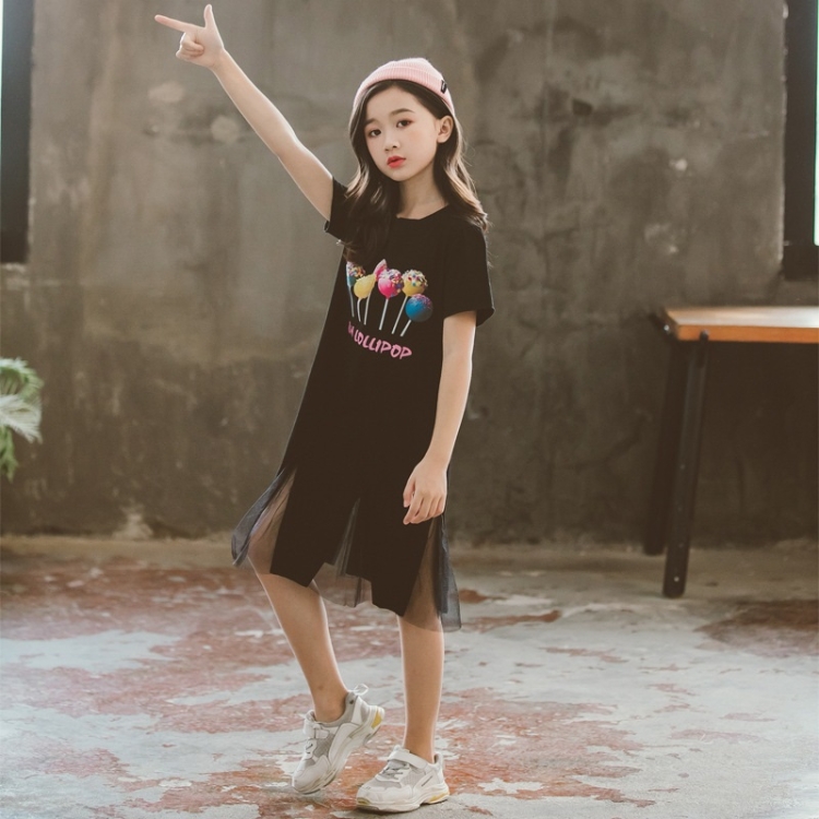 

Girls Skirt Round Neck Short Sleeve Simple Casual Loose Straight Mesh Stitching Printed Dress (Color:Black Size:130)