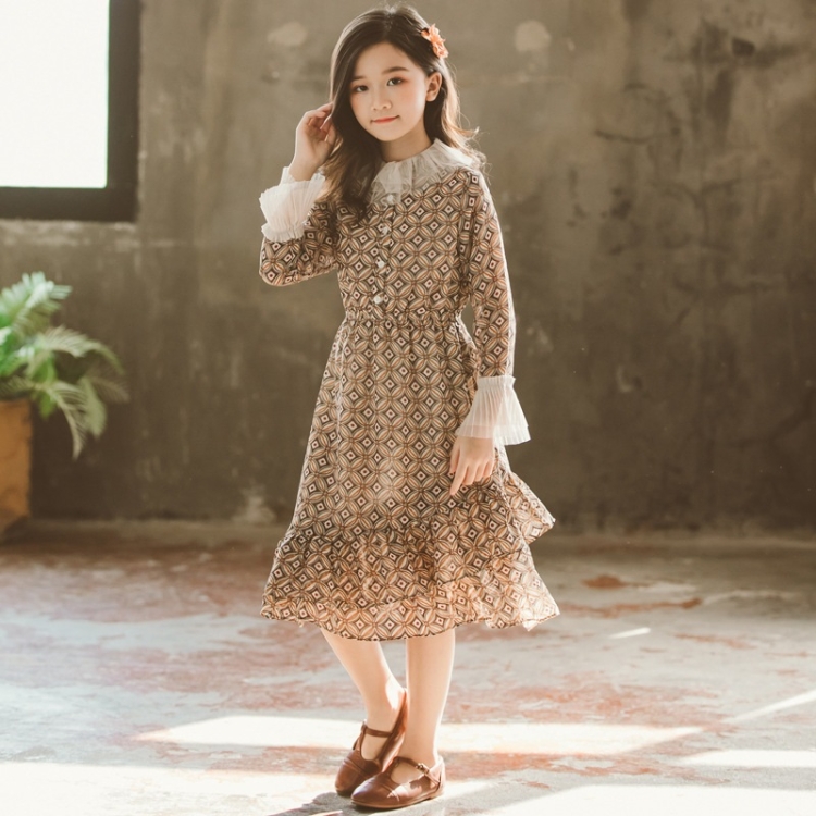 

Girls Printed Chiffon Pleated Mesh Dress With Irregular Hem (Color:Brown Size:130)