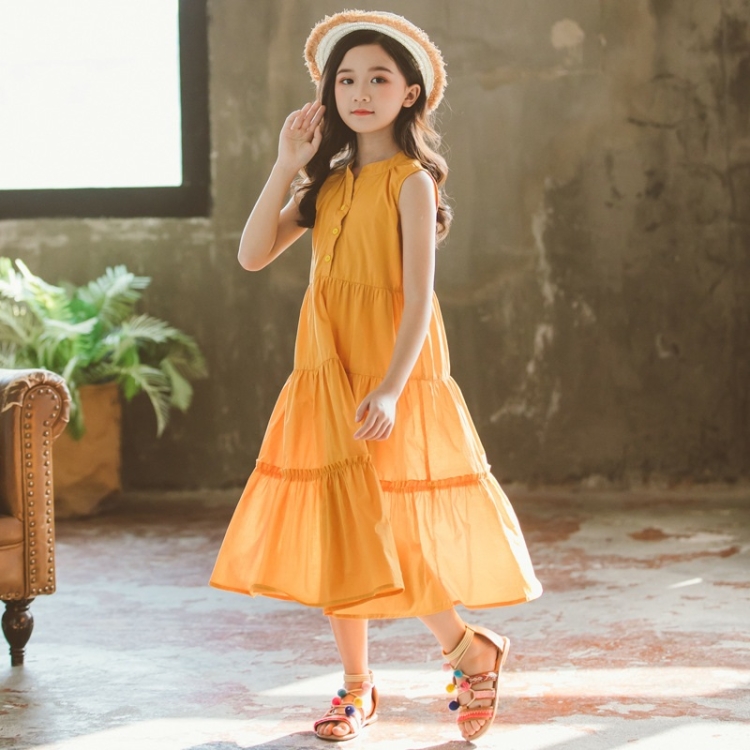 

Girls Sleeveless Stitching Dress (Color:Yellow Size:130)