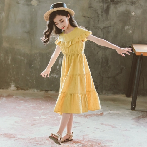 

Girls Short-sleeved Dark Jacquard Cotton Round Neck Ruffle Dress (Color:Yellow Size:130)