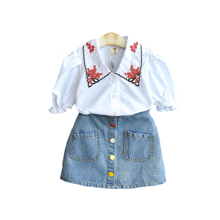

Girls Denim Skirt Casual Embroidered Short Sleeve Shirt Two-piece (Color:Photo Color Size:130)