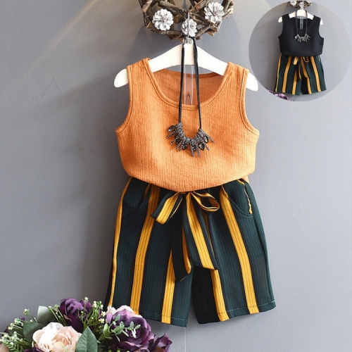 

Girls Pearl Yarn Sleeveless Vest + Contrast Color Bust Shorts Two-piece Suit (Color:Yellow Size:130)