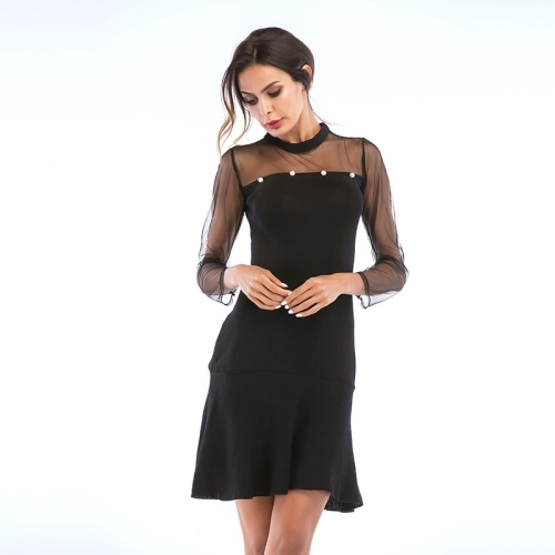 

Lace Stitching Slim Waist Beaded Ruffle Skirt (Color:Black Size:M)