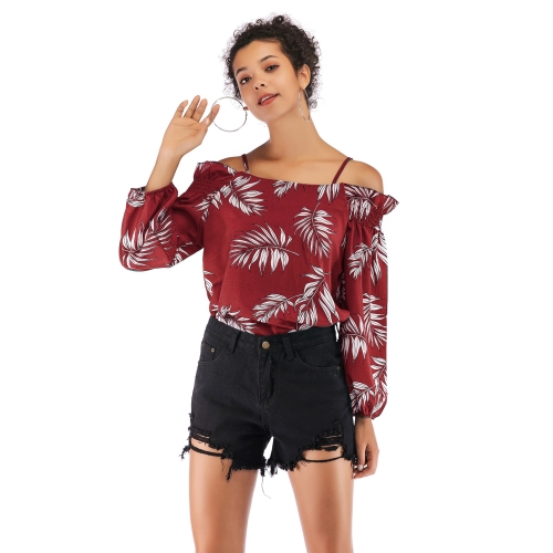 

Sexy Strapless Sling Print Chiffon Shirt (Color:Wine Red Size:M)