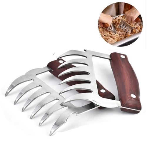 

2 PCS Bear Claw Shaped stainless steel Barbecue Fork Chicken Shredded Wooden Handle Anti-skid Creative Kitchen Fork Claw Meat Claw Splitter with (Redwood)