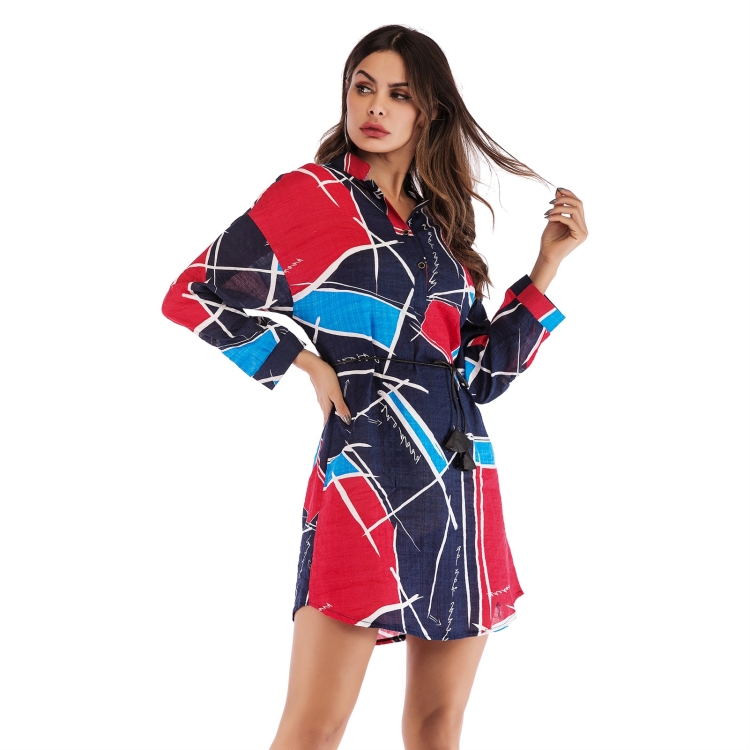 

Geometric Print Contrast Color Slim Mid-length Shirt Women (Color:Red Size:M)