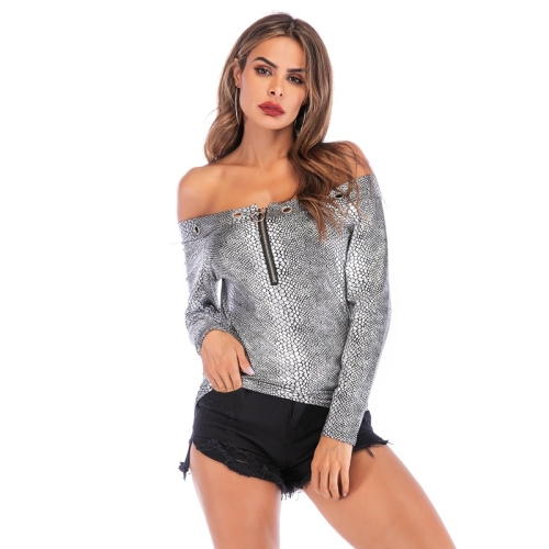 

Sexy One-neck Slim Zipper All-match Blouse (Color:Silver Size:S)