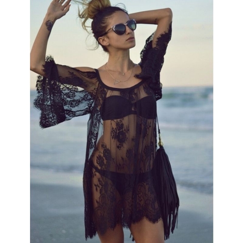 

Sling Perspective Hollow Lace Strapless Beach Sexy Dress Blouse (Color:Black Size:S)
