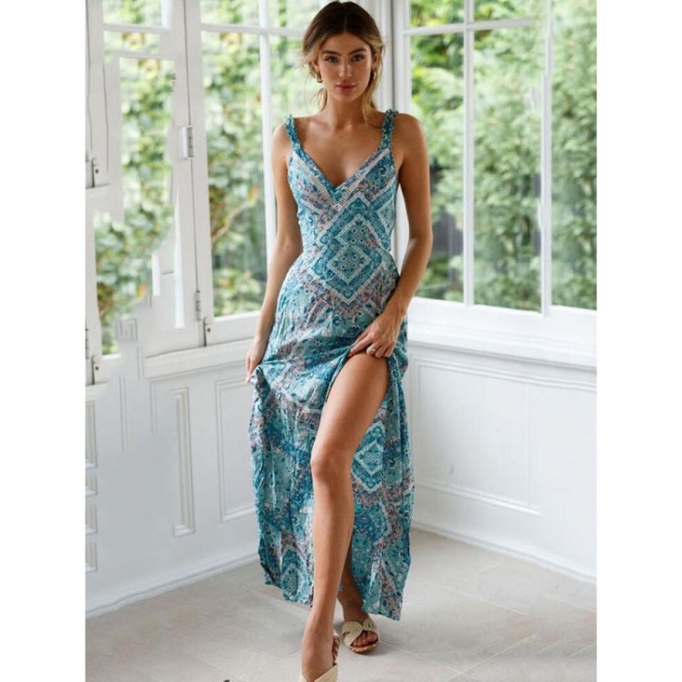 

Sexy Sling Tie Knot Waist Printing Dress (Color:Blue Size:S)