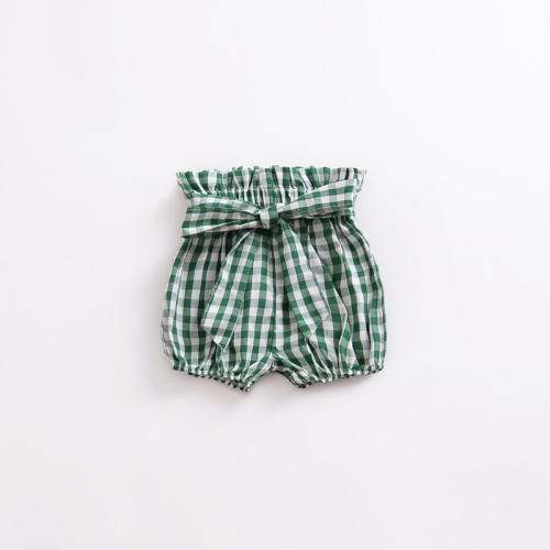 

Girls Bowknot Trousers With Wood Ears (Color:Green Grid Size:80)