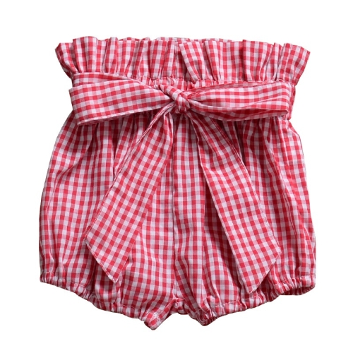 

Girls Bowknot Trousers With Wood Ears (Color:Red Grid Size:80)