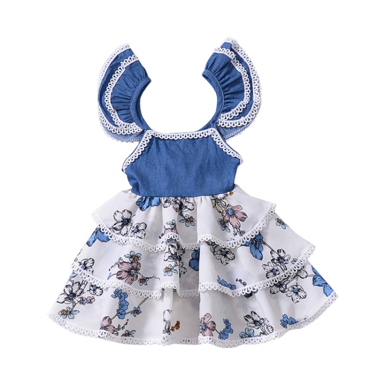 

Girls Printed Little Flying Sleeve Lace Cake Dress (Color:Blue Size:100)