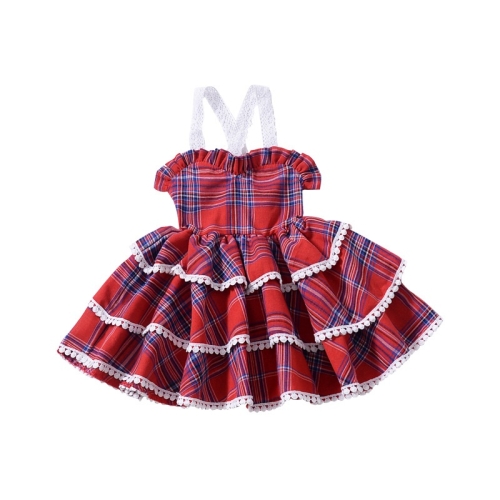 

Girls Lace Sling Plaid Dress (Color:Red Size:110)