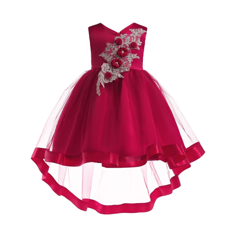 

Girls Embroidered V-neck Mesh Princess Dress (Color:Wine Red Size:120)