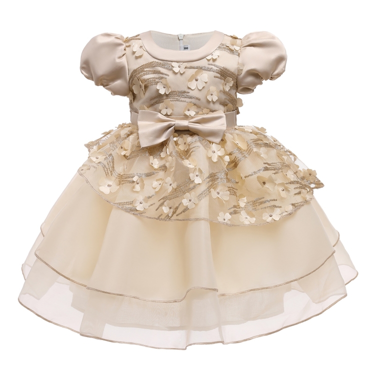 

Girls Puff Sleeve Net Gauze Tutu Skirt (Color:Champagne Size:100)
