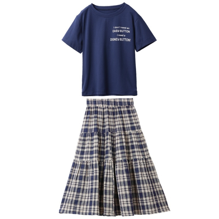

Girls Short Sleeve + Plaid Skirt Two-piece Suit (Color:Blue Size:160)
