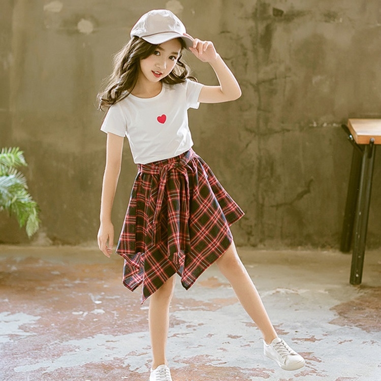 

Girls Short Sleeve Top + Skirt Two-piece Suit (Color:White Size:170)