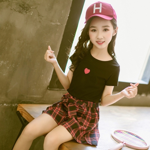

Girls Short-sleeved Blouse + Culottes Two-piece Suit (Color:Black Size:120)